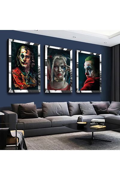 Zevahir Mobilya Dekorasyon Set de pictură din MDF triplu argintiu cu caracter Joker cu cadru din plexiglas cu oglindă argintie