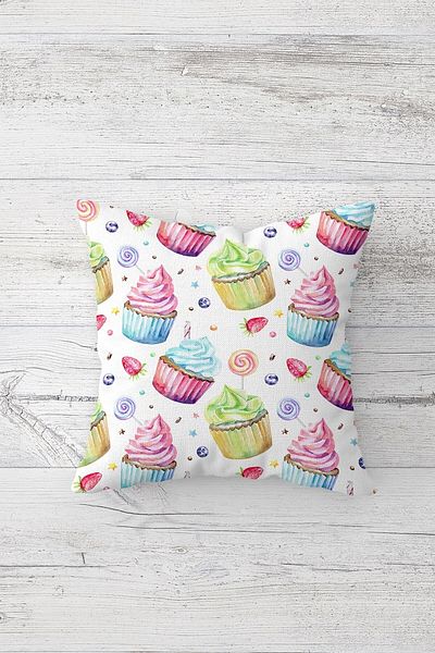 Pelangi Cupcake Patterned Double Sided Printed Hidden Zippered Pillowcase Throw Pillow Seat Pillowcase