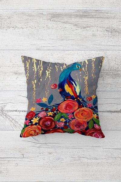 Pelangi Flowers And Birds Patterned Double Side Print Hidden Zippered Pillowcase Throw Pillow Seat Pillowcase