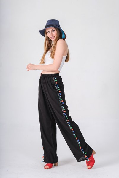İna Plain Sile Fabric Summer Trousers with Elastic Waist and Accessories