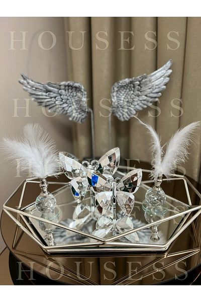 Housess Prism Silver Large Tray, 2-Piece Silver Butterfly and 2-Piece Silver Feather Bowl