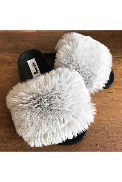 Pomidik Women's Gray Soft Loose Furry Single Strap Summer Slippers