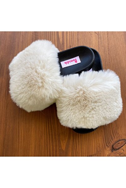 Pomidik Kadın Krem Yumuşak Bol Tüylü Tek Bantlı Yazlık Terlik