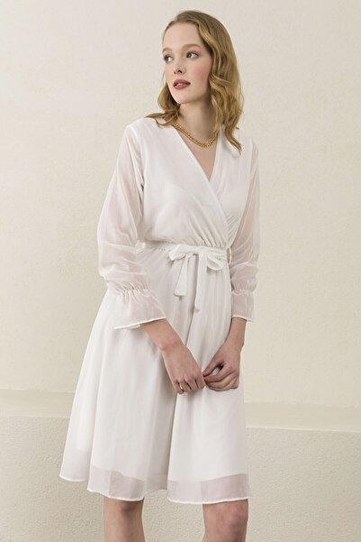 thezkscom Λευκό διπλό γιακά κοντό φόρεμα σιφόν με επένδυση Sk