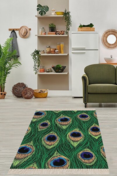 on the clouds Tavuskuşu Tüyü Desenli Dijital Baskı Yıkanabilir Kaymaz Taban K...