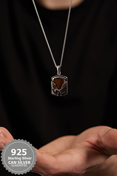 CAN SİLVER 925 Ayar Kartal Figürlü Kaplan Gözü Taşlı Özel Tasarım Gümüş Erkek Kolye