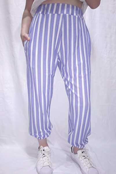 Modoo Tekstil Дамски летни сини и бели панталони с еластична талия и крачоли