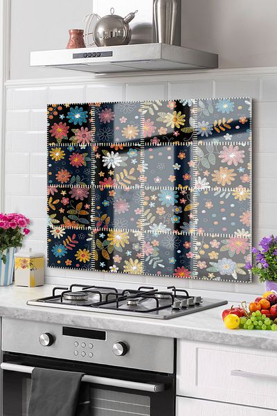 Olinpa Premium Black Flower Flolaral - Kitchen Glass, Stove Back Protector Countertop and Built-In Back Protector