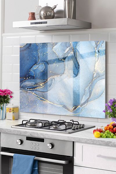 Olinpa Premium 50X76Cm Marble Blue Glass Stove with Built-In Protective Back Countertop