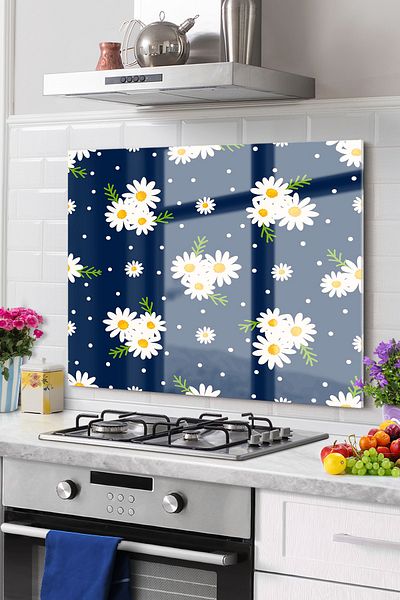 Olinpa 50X76Cm Premium Kitchen Mosque - Stove and Built-In Back Protector, Flower Daisy