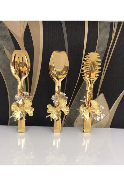 Elzemm store Stainless Steel Gold Plated 3 Piece Tongs Set with Butterfly Accessory Lux