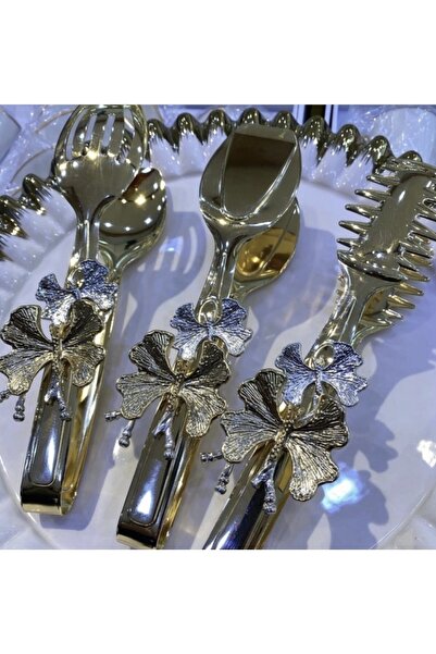 Elzemm store Stainless Steel Gold Plated 3 Piece Tongs Set with Butterfly Accessory Lux