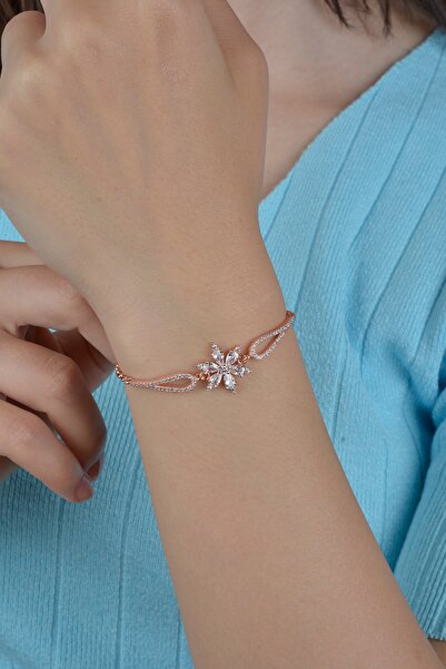 ESSARE Kadın Pembe Kelepçe Model Beyaz Taşlı Çiçek Gümüş Bileklik