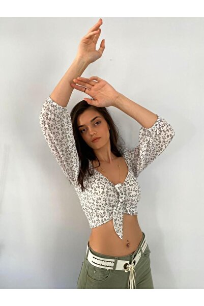 Desenli Balon Omuz Crop