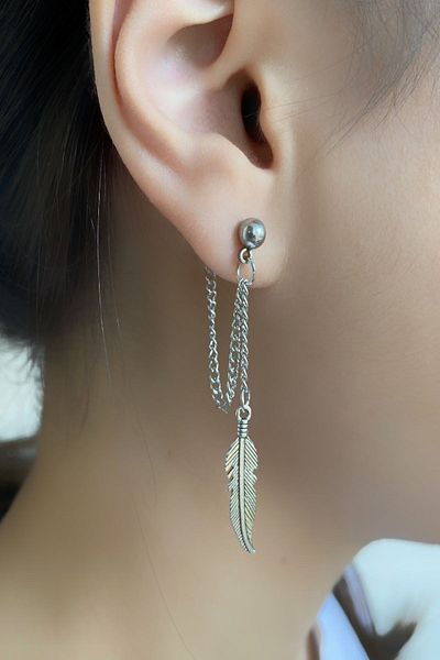 axexuar Hanging Eagle Feather Chain 316l Steel Ball Earrings Unisex Earrings for Perforated Ears