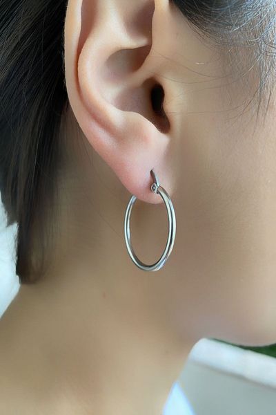 axexuar Hoop Earrings 316l Stainless Tarnish Stainless Steel Earrings Silver Gray Color Diameter 20 Mm Pair Sold