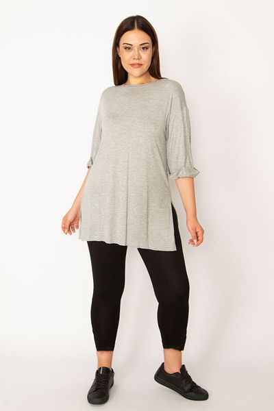 Şans Women's Large Size Gray Double Sleeve Side Slit Blouse 65n33299