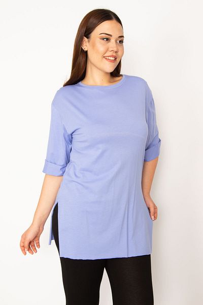 Şans Women's Large Size Lilac Double Sleeve Side Slit Blouse 65n33299