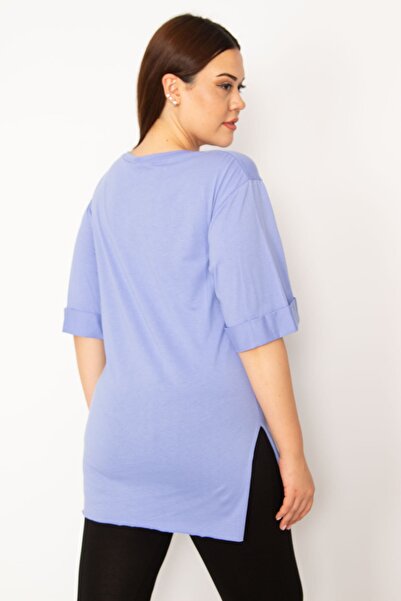 Şans Női, nagy méretű, lila színű, dupla ujjú, oldalt hasított blúz 65n33299