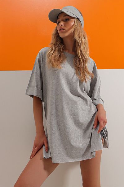 Trend Alaçatı Stili Γυναικείο μπλουζάκι με διπλό μανίκι σε γκρι γκρι βαμβακερό λαιμόκοψη μεγάλου μεγέθους βαμβακερό μπλουζάκι ALC-X8088