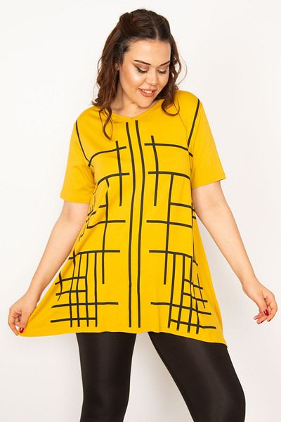 Şans Women's Large Size Yellow V-Neck Front Printed Tunic 65n33343