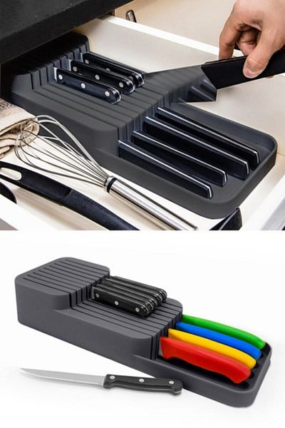 ZUZU MADE Two 2-Row Knife Holder, Drawer Blade Organizer Stand Anthracite