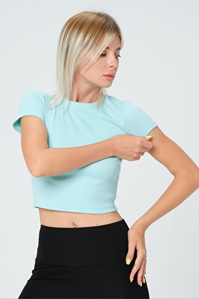 PUNKY CAT Women's Light Green Crew Neck Short Sleeve Crop Basic Blouse