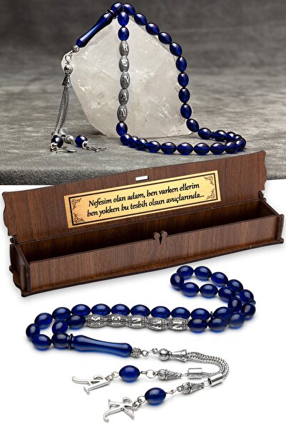 OTTOTESBİH Omul cu respirația mea! Rozariu din lemn de culoare albastru de noapte, chihlimbar focos, într-o cutie de lemn