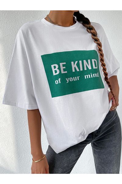 AFROGİYİM Γυναικείο λευκό μπλουζάκι Oversize Be Kind