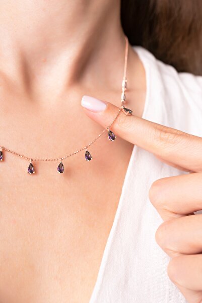 Forenza Kadın Pembe 925 Ayar Gümüş Mistik Topaz Taşlı Damla Sallantılı Kolye