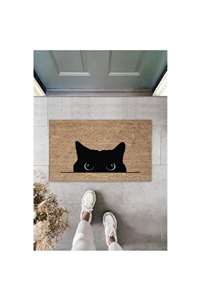 Silkcoat Home Dekoratif Dijital Kara Kedi Bej Kapı Paspası Dış Mekan Paspas