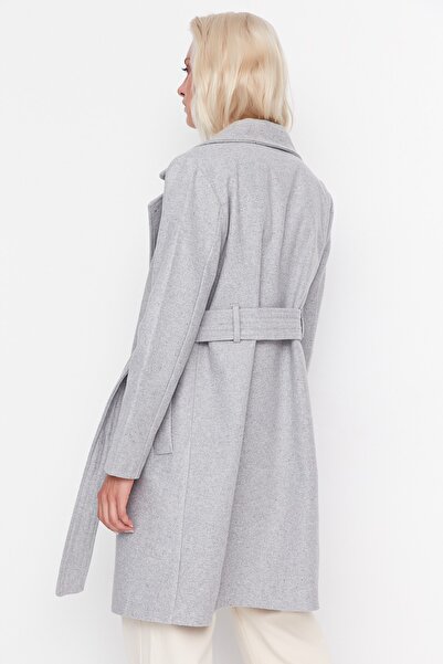Trendyol Collection Šedý vlněný kabát s širokým páskem TWOAW21KB0116