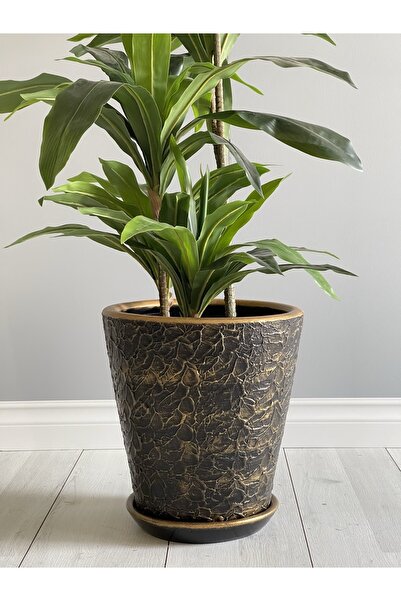 odka 10litre Kabartmalı Uzun Konik Saksı Tabaklı Yükseklik:25cm Çap:23cm Siya...