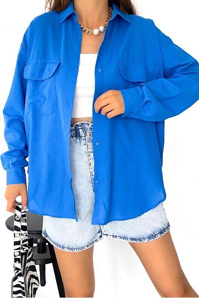 FEMELLE Cămașă pentru femei Saks Blue Thin Summer 100% bumbac cu fereastră pe spate