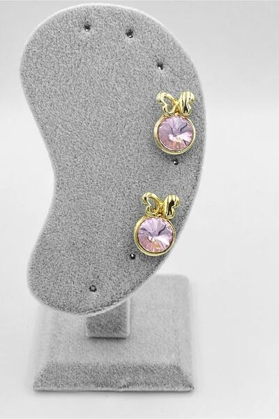 MOSSMOUR Kadın Şeffaf Pembe Taşlı Kelebek Detaylı Zarif Gold Küpe