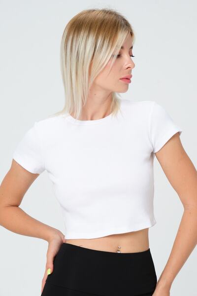 PUNKY CAT Women's White Crew Neck Short Sleeve Crop Basic Blouse