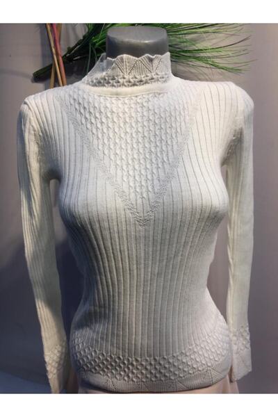 Nacar Kadın Beyaz Esnek Likralı Triko Body Boğazlı Kazak