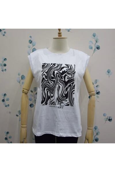 MELEDYA Baskılı Omuz Vatkalı T-shirt-beyaz