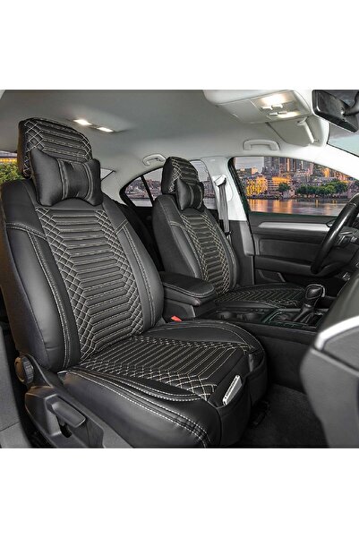 FKGROUP Bmw 3 سلسلة متوافقة 316 غطاء مقعد سيارة جلدي فاخر مجموعة أمامية / خلفية حصرية أسود-أبيض