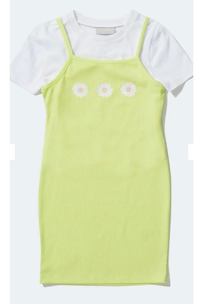 Kübra Tekstil Set rochie și tricou cu margarete verzi pentru fete