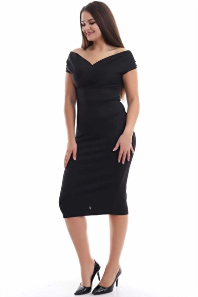 Moda MiraGül Kadın Siyah Kayık Yaka Balık Elbise