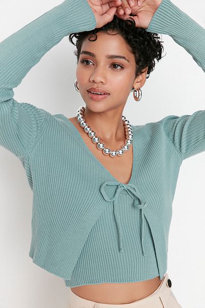 Trendyol Collection Mintfarbenes Crop Tie Detailliertes Blusen-Cardigan-Strickwaren-Set Strick-Cardigan TWOSS21HI0002