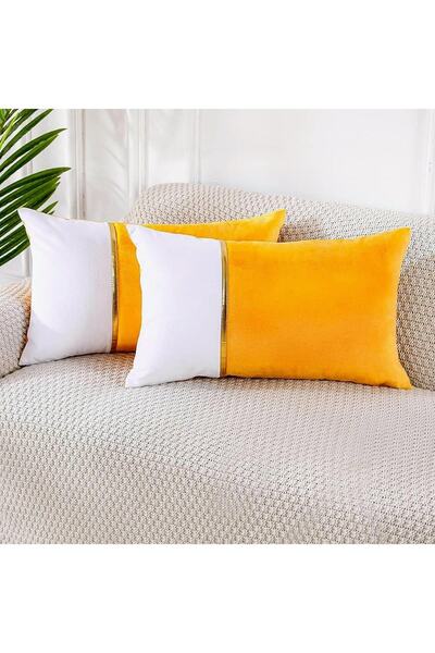 Bc Home 2'li Hardal- Krem Altın Deri Aksesuarlı Kadife Görünümlü Dikdörtgen K...