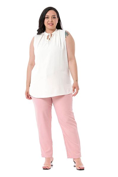 DISENTIS MODEST Plus Size Elastic Waist Side Zippered Leg Slit Powder Trousers