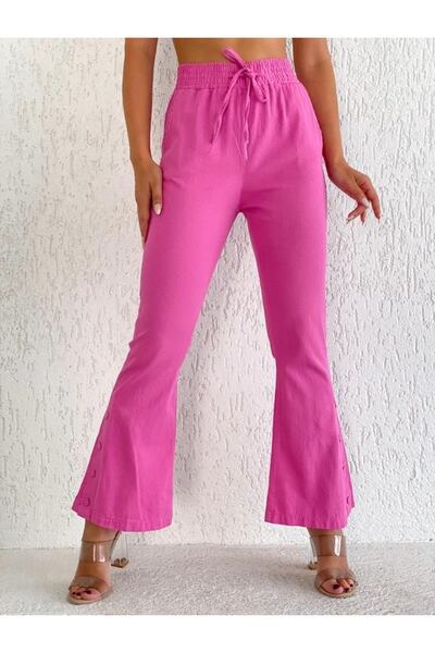 FancyWorld Pembe Yırtmaç Detay Düğmeli Ispanyol Paça Efsane Pantolon