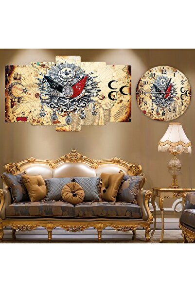 Zevahir Mobilya Dekorasyon Altılı Mdf Eskiltilmiş Arka Planlı Osmanlı Tuğrası Saatli Tablo Seti