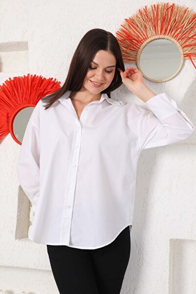 EVS WOMAN Kadın Beyaz Oversize Poplin Basic Gömlek
