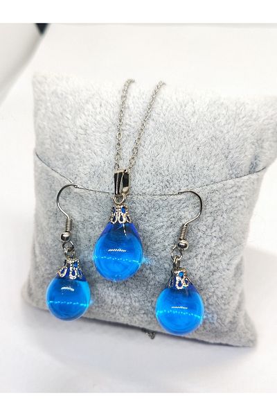 Atölye Şems Murano Glass Design Blue Drop Set Set Necklace and Earrings