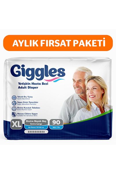 giggles Extralarge 30-Piece Adult Patient Diapers - Waist Tie, 3 Packs of 90 Pieces