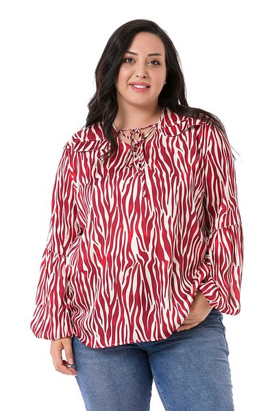 DISENTIS MODEST Plus Size Zebra Patterned Ornamental Pocket Flap Collar Detail Satin Red Blouse with Elastic Sleeve Mouth